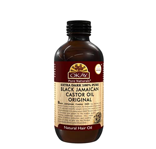 Okay Extra Dark 100% Natural Black Jamaican Castor Oil For All Hair Textures & Skin Types Grow Strong, Healthy, Smooth And Thick Hair With Vitamin E - Omega 6 & 9 4 Oz