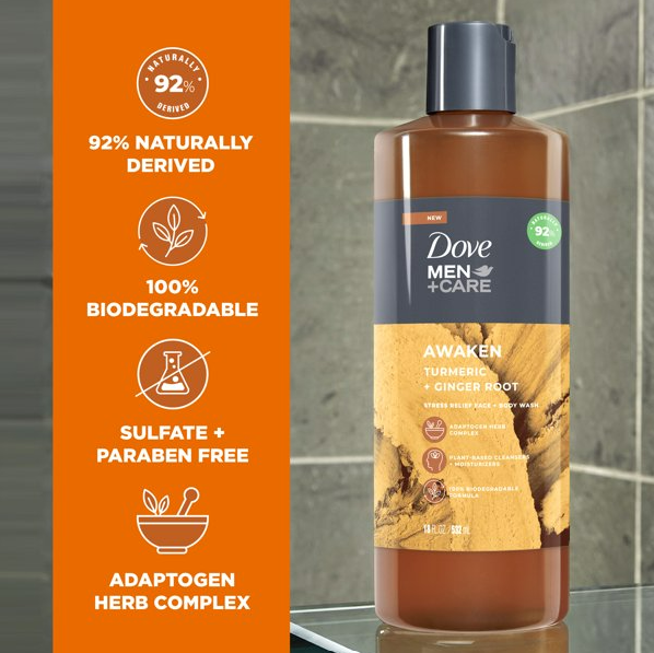 Dove Men+Care Liquid Face + Body Wash for Men Awaken Turmeric + Ginger Root; 18 oz