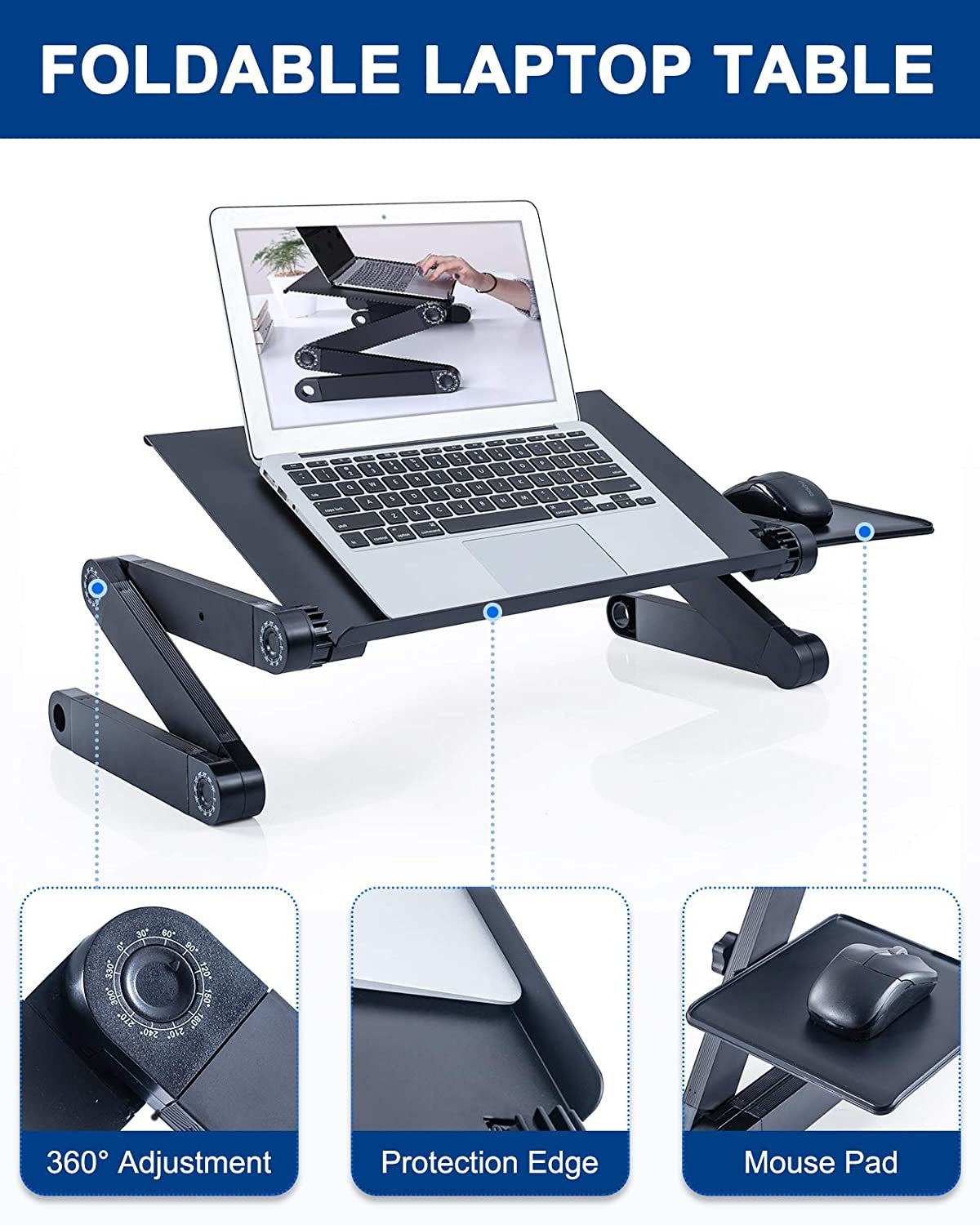 Adjustable Laptop Desk; RAINBEAN Laptop Stand for Bed Portable Lap Desk Foldable Table Workstation Notebook Riser with Mouse Pad; Ergonomic Computer Tray Reading Holder Bed Tray Standing Desk