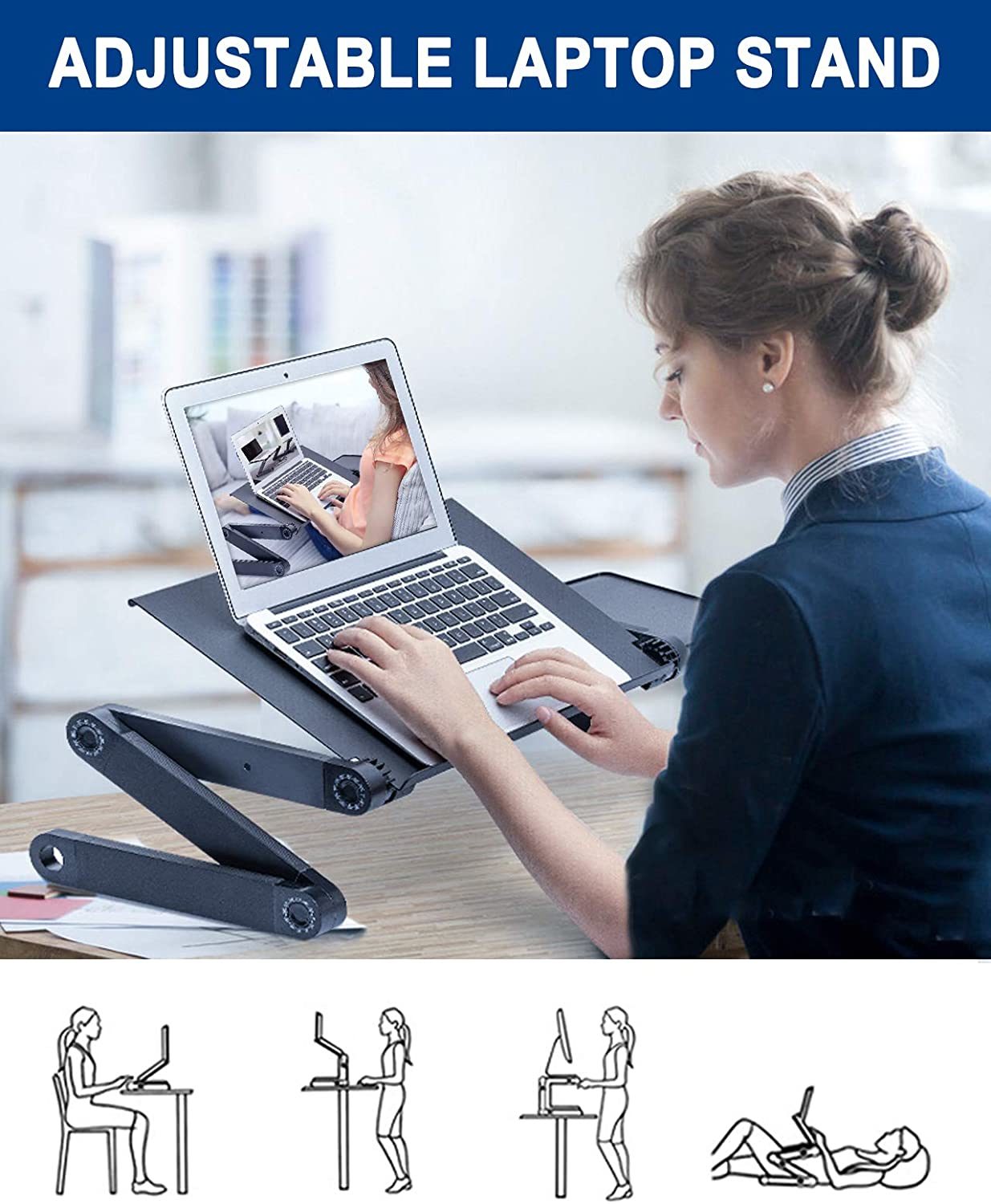 Adjustable Laptop Desk; RAINBEAN Laptop Stand for Bed Portable Lap Desk Foldable Table Workstation Notebook Riser with Mouse Pad; Ergonomic Computer Tray Reading Holder Bed Tray Standing Desk