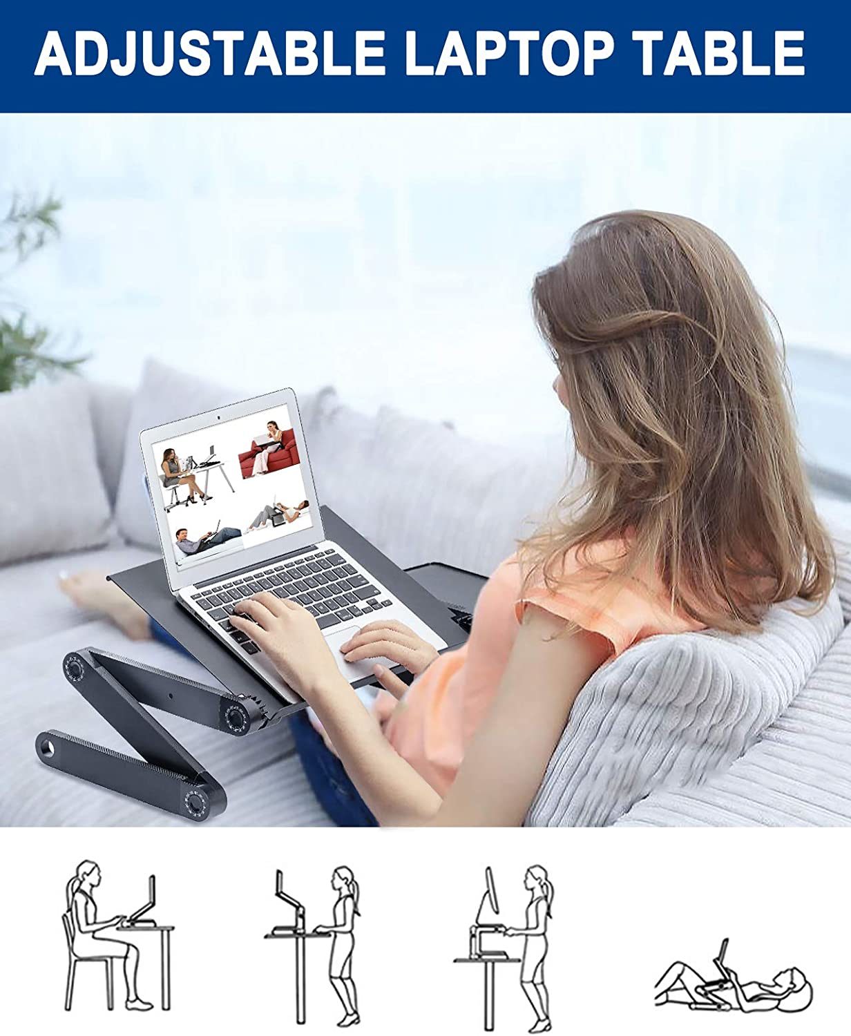 Adjustable Laptop Desk; RAINBEAN Laptop Stand for Bed Portable Lap Desk Foldable Table Workstation Notebook Riser with Mouse Pad; Ergonomic Computer Tray Reading Holder Bed Tray Standing Desk