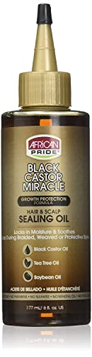 African Pride Black Castor Miracle Hair & Scalp Sealing Oil - Locks In Moisture & Soothes, Contains Black Castor Oil, Tea Tree Oil, Soybean Oil, 6 Oz