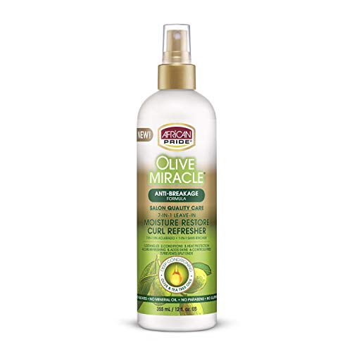 African Pride Olive Miracle 7-In-1 Leave-In Moisture Restore Hair Curl Refresher, Provides Moisture & Helps Repair Natural Coils & Curls, Enriched With Olive & Tea Tree Oil, 12 Oz