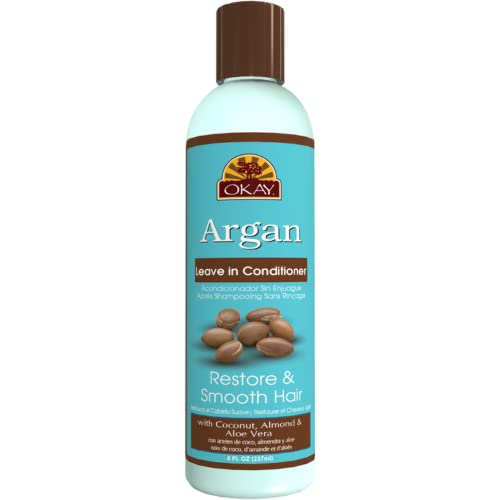 Okay   Argan Leave In Conditioner   For All Hair Types & Textures   Restore, Hydrate & Smooth Hair   With Coconut, Almond, & Aloe Vera   Free Of Parabens, Silicones, Sulfates   8 Oz