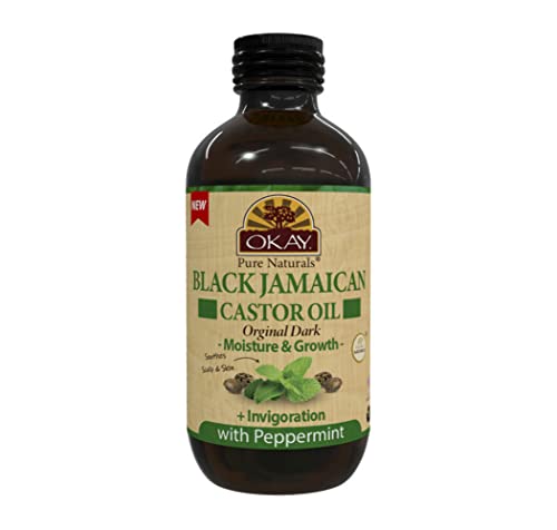 Okay Pure Naturals, Jamaican Black Castor Oil Original Dark With Peppermint Oil, Moisture & Growth, Nourish + Invigorate, Natural Healthy For All Hair Types And Textures, Brown, 4 Fl Oz