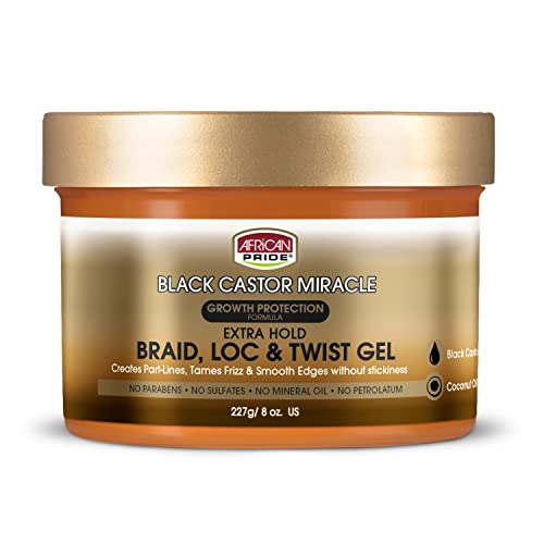 African Pride Black Castor Miracle Extra Hold Braid, Loc, Twist Gel, Tames Frizz & Edges, No Parabens, No Sulfates, No Mineral Oil, No Petrolatum, Contains Black Castor & Coconut Oil, 8 Oz