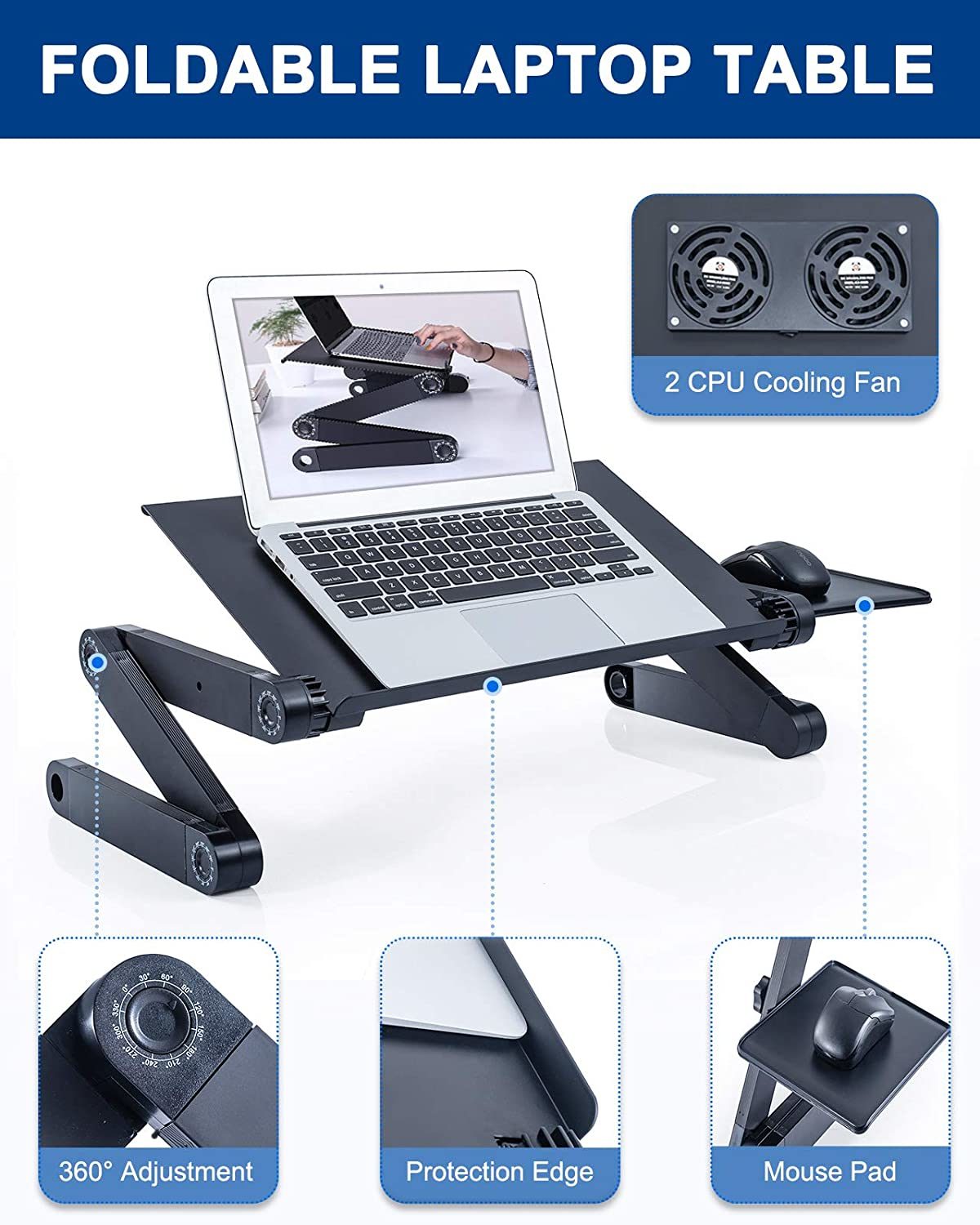 Adjustable Laptop Desk;  RAINBEAN Laptop Stand for Bed Portable Lap Desk Foldable Table Workstation Notebook Riser with Mouse Pad;  Ergonomic Computer Tray Reading Holder Bed Tray Standing Desk