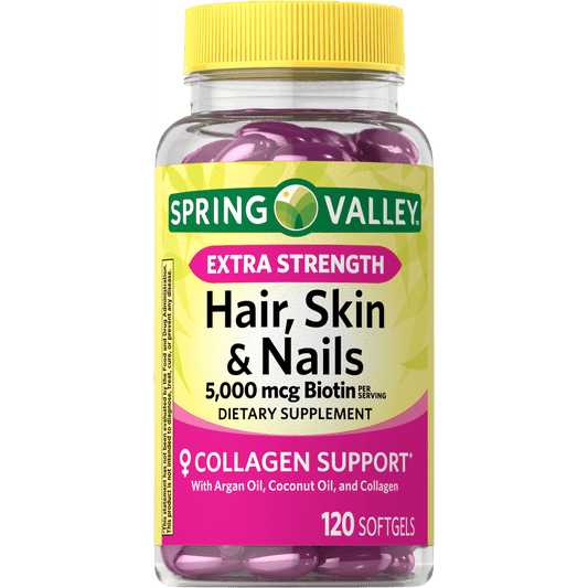 Spring Valley Hair;  Skin & Nails Dietary Supplement Gel Capsules;  5; 000 Mcg;  120 Count